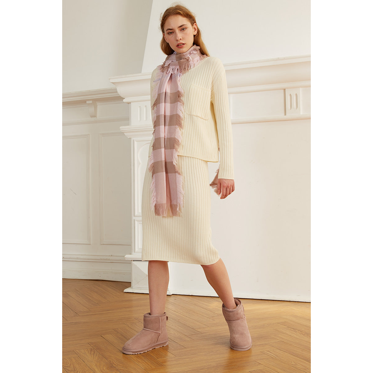 Ugg Fringed Check Wool Scarf WS091
