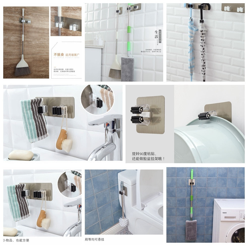 Multi-Purpose Hooks 2/4pcs Adhesive  Wall Mounted Mop Holder Broom Hanger Hook Kitchen bathroom Strong Hooks